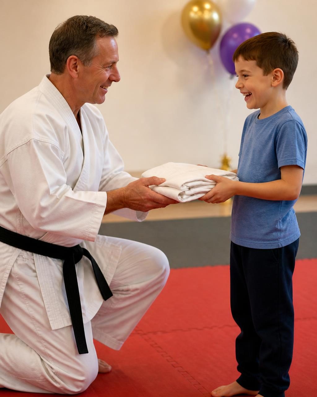 Instructor handing a free uniform to a smiling birthday guest as parents look on