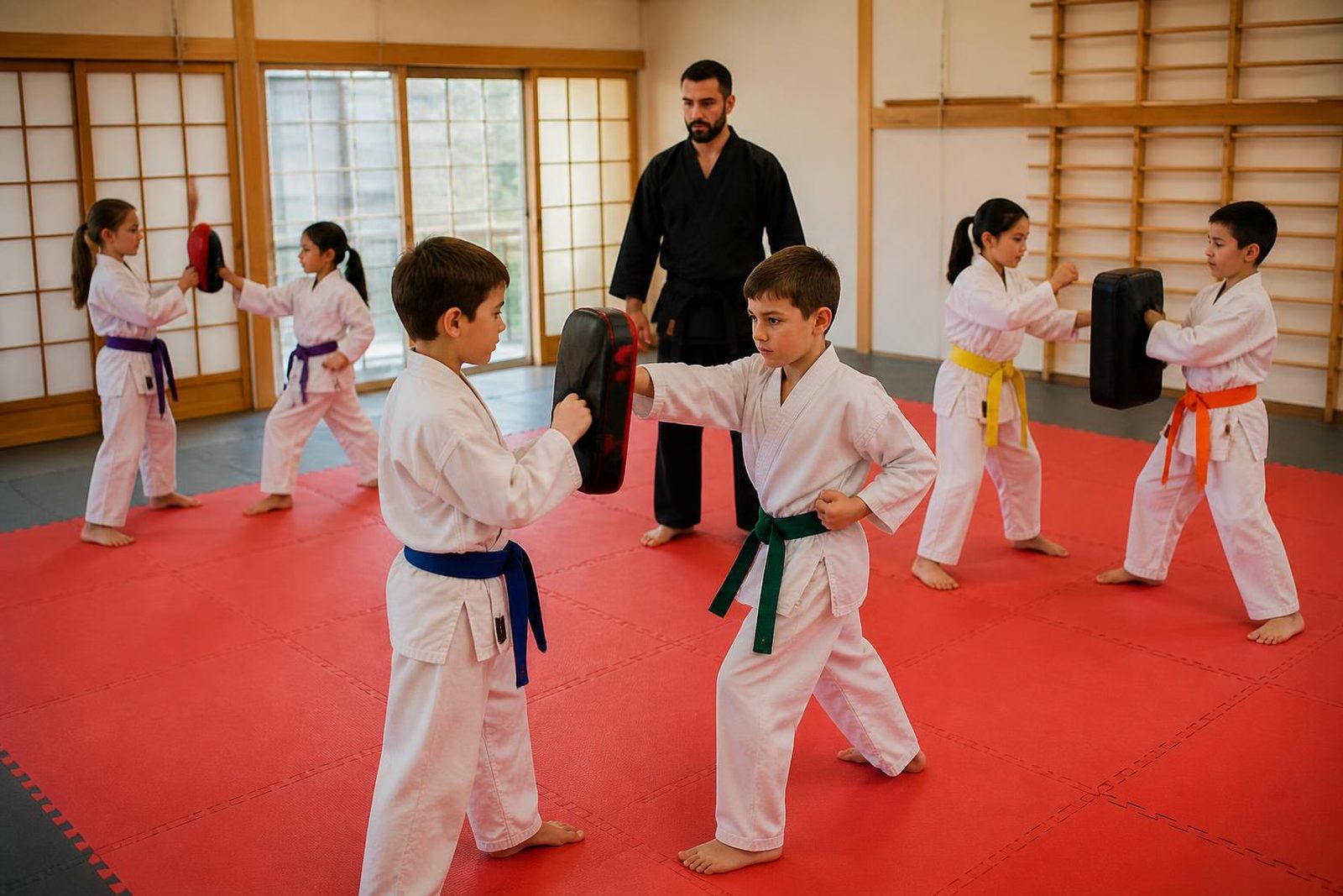 An instructor supervising Big Confidence students closely during class at Go No Sen Karate in Peekskill