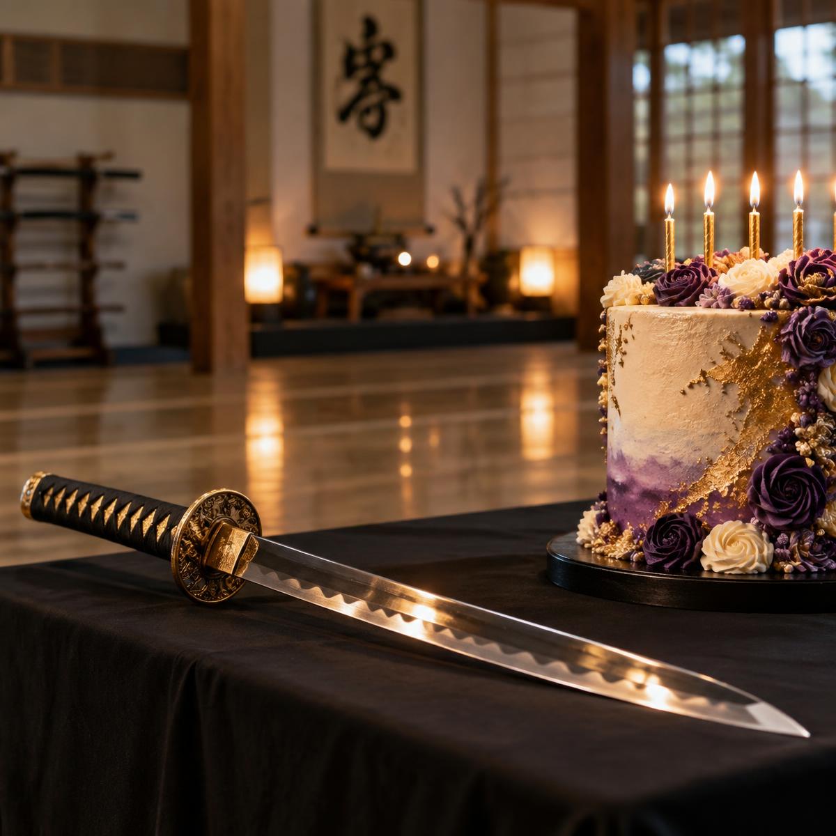 Decorative samurai sword resting beside a gold and purple birthday cake at Go No Sen Karate in Peekskill